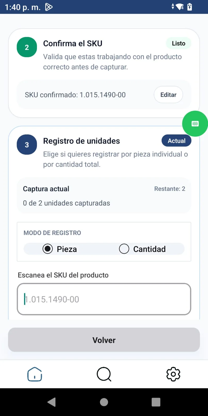 Pantalla de la app Saga: Escaneo por pasos